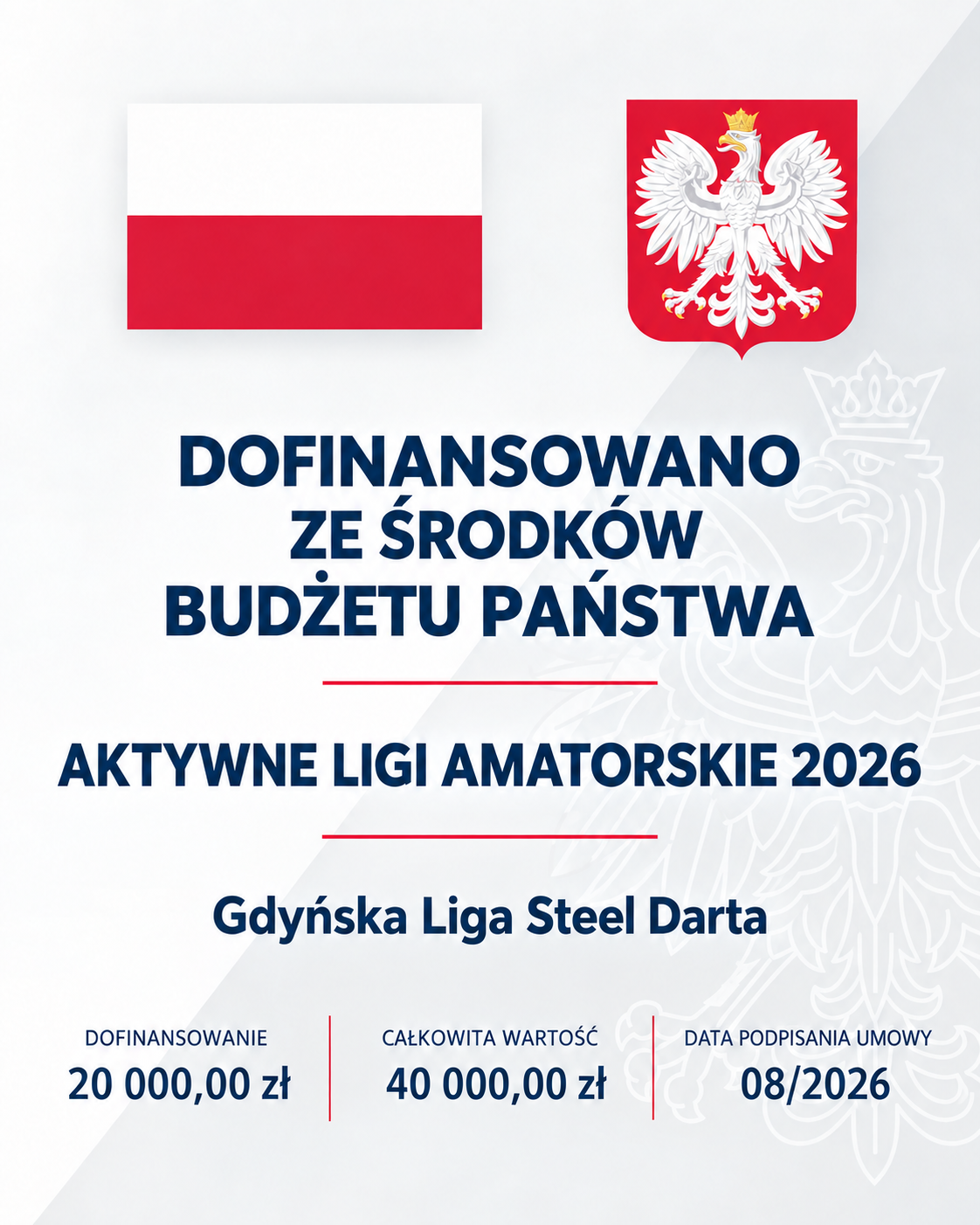 Plakat: Dofinansowano ze środków budżetu państwa. Aktywne Ligi Amatorskie 2026. Gdyńska Liga Steel Darta. Dofinansowanie 20 000 zł.